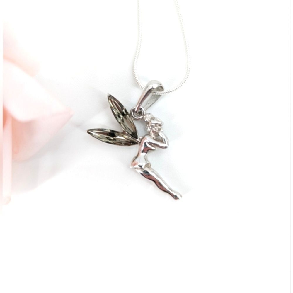 Disney Tinkerbell Jewel Wings Gray SilverTone Charm Pendant Fairy Necklace